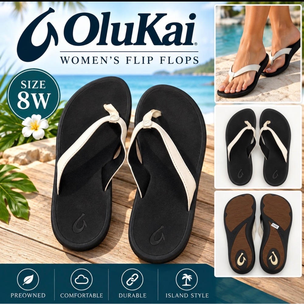 OluKai Kulapa Kai Womens 8 Black White Thong Sandals Flip Flops